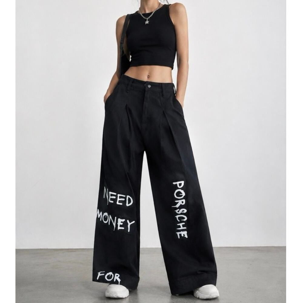 Black pleated denim trouser’s Wide Leg Streetwear Size 25